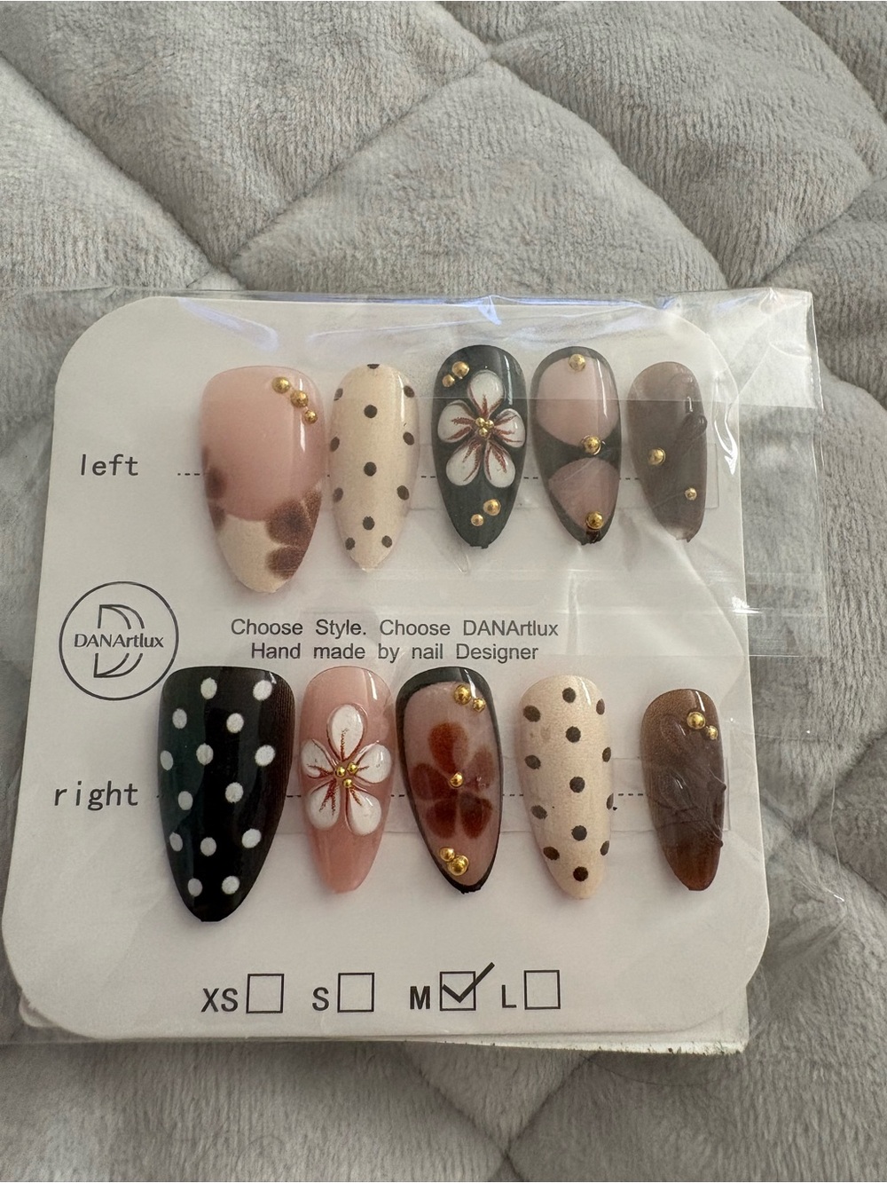 Hand-Painted 3D Floral & Polka Dot Press-On Nails Pink, Brown, Cream, Black